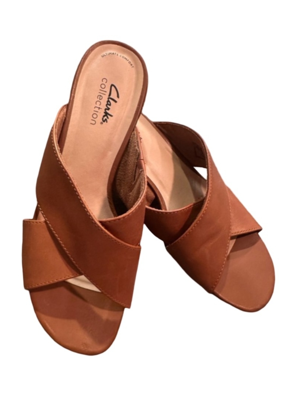 Clarks Caroleigh Erin Heeled Brown Crossover Sandals Slide Mules Shoes Size 9.5